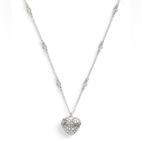 NWT, Coach, Signature Quilted Heart Pendant Necklace, Rhodium and Crystal - Picture 1 of 9
